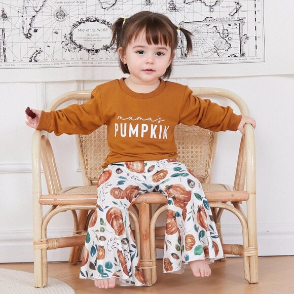 Baby Girl Fall Winter Clothes Pumpkin Patch Crewneck Sweatshirts Flare Pants Set - Picture 2 of 7